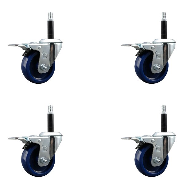 3.5'' SS Solid Poly Swivel 3/4'' Expanding Stem Caster Set Total Lock Brake, 4PK